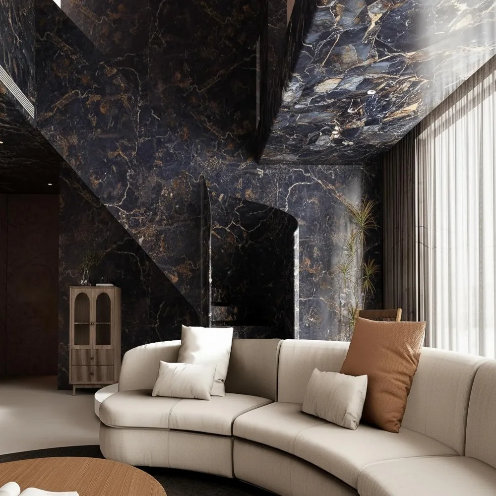 ورق اتصال محكم مقاوم للماء وقابل للإزالة ذاتي اللصق لامع أزرق داكن من الجرانيت ورق حائط واسع 24x393