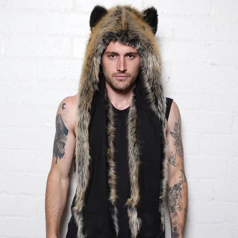 Men/Women  Fur Hood Animal Hat Ear Flaps Gloves 3in1 Animal Fur Hat Wolf Plush Warm Imitation Fur Hats Cap with Scarf Gloves