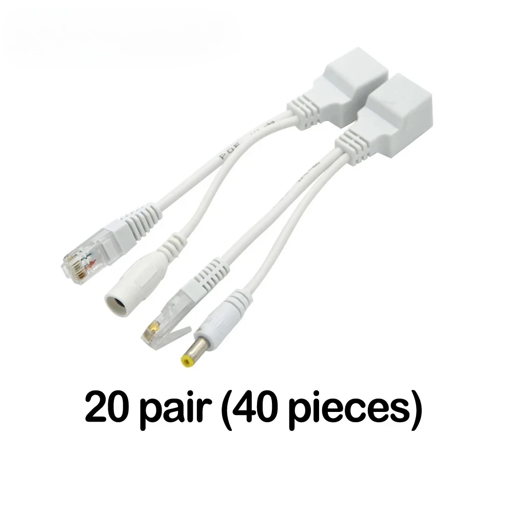 40pcs (20pairs) POE Cable, POE Cable Adapter, Splitter Injector kit PoE Adapter RJ45 Injector + Splitter Kit 5V 12V 24V 48V