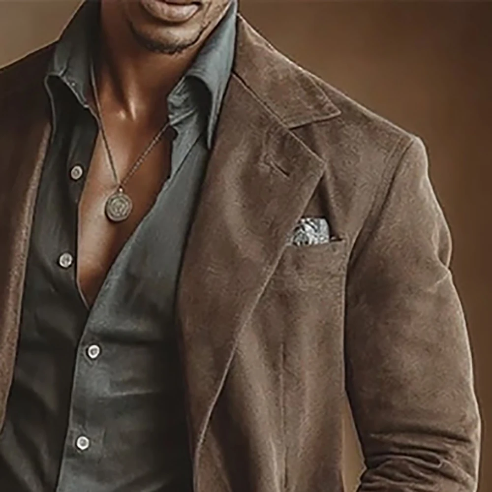 

Elegant Vintage Suede Men Mid-Length Overcoat Single-Breasted Long Sleeve Lapel Winter Warm Outerwear Male Chic Long Jacket Coat