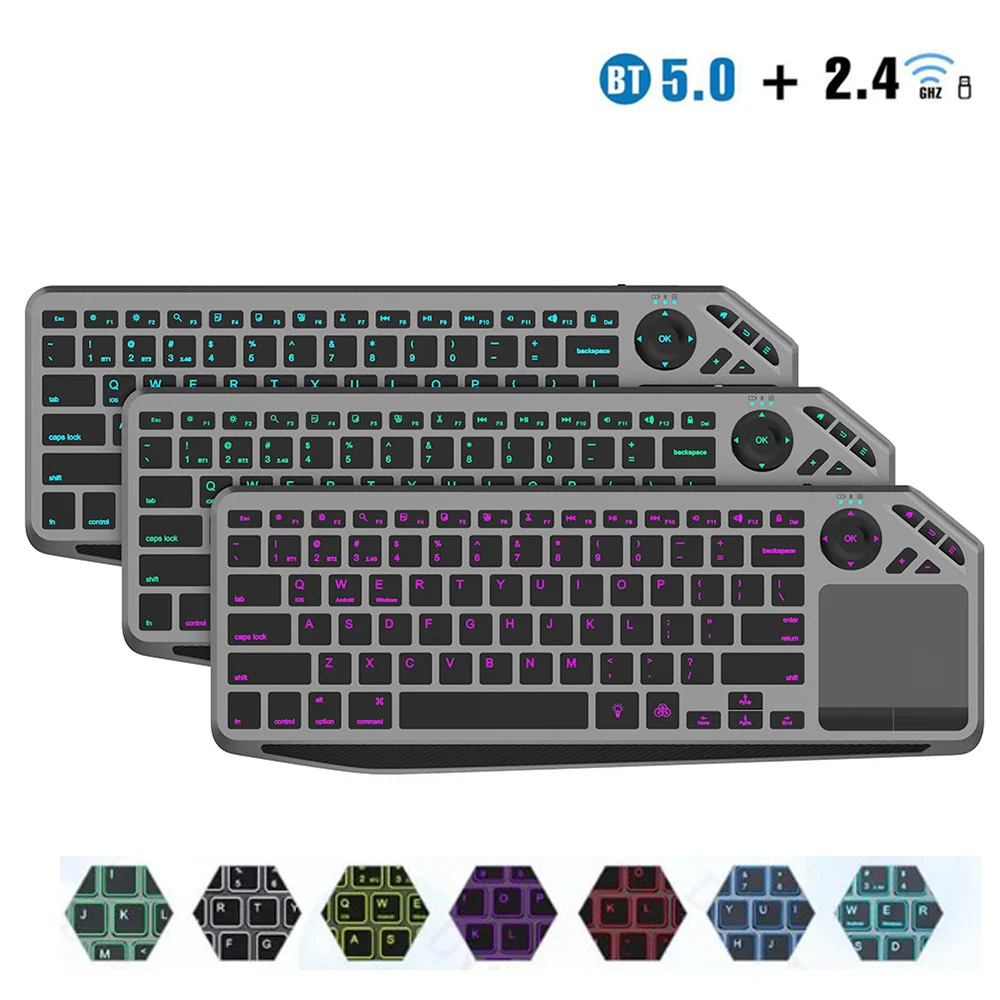 

Клавиатура с сенсорной панелью для ТВ Bluetooth 2,4G, беспроводная Android TV Box, клавиатура, перезаряжаемая, 7 цветов, с подсветкой, Smart TV, iOS, IPad, клавиатура