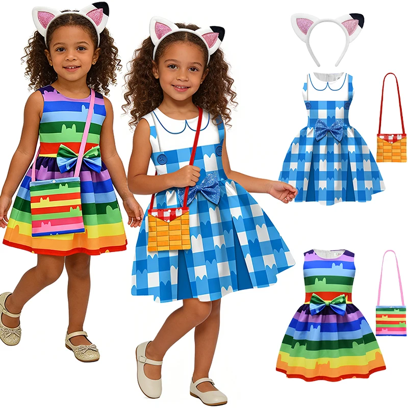 Gabby Cat Doll Rainbow Striped Dress for Girls Halloween Cosplay Carnival Theme Party Children's Costume Christmas Kids Clothes