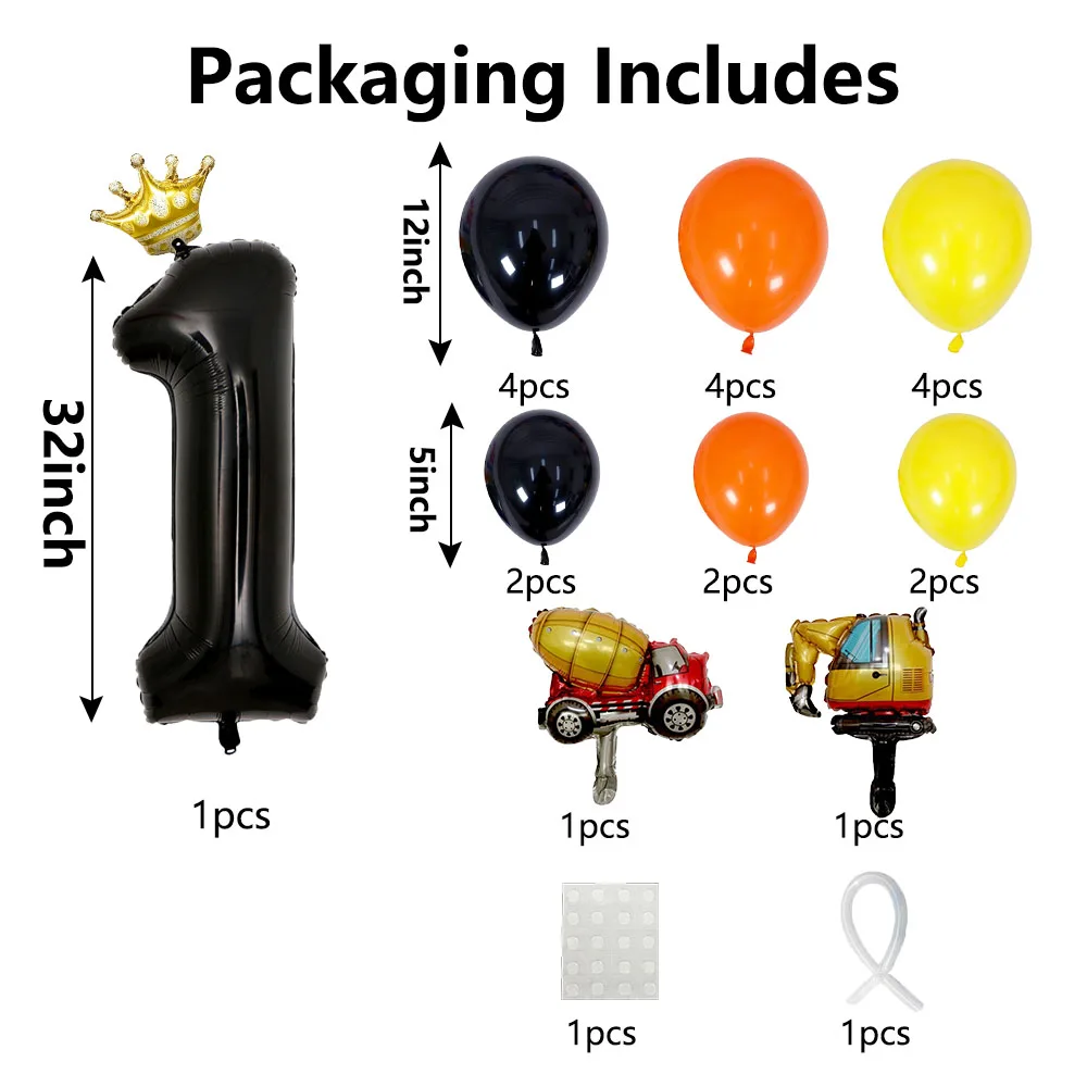 24pcs 32 Inch Black Number Balloon Construction Foil Balloon Tower Set with Excavator Digger Truck for Boy Birthday Party Decors