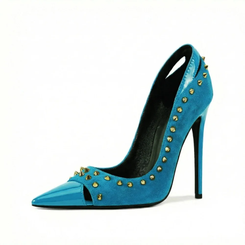 Women Rivet Studded High Heels 12CM Stiletto Suede Patent Leather Pointed Toe Cutout Pumps Fashion Mixed Colors Party Shoes