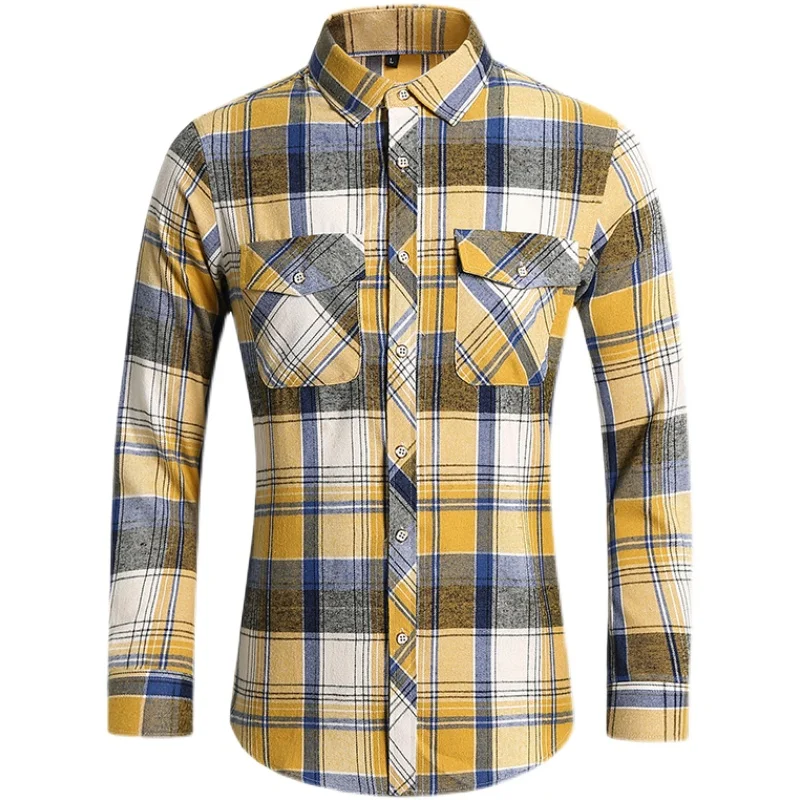 Fashion Two Pocket Yellow Plaid Shirt Men High Quality Cotton Long Sleeve Shirts Male Social Business Checkered Blouse 6XL 7XL