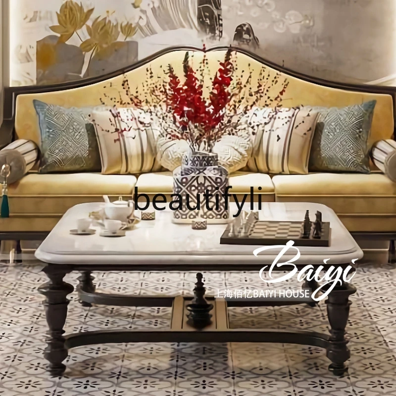 

French coffee table wabi-sabi wind B & B living room tea table simple American light luxury solid wood carving negotiation table
