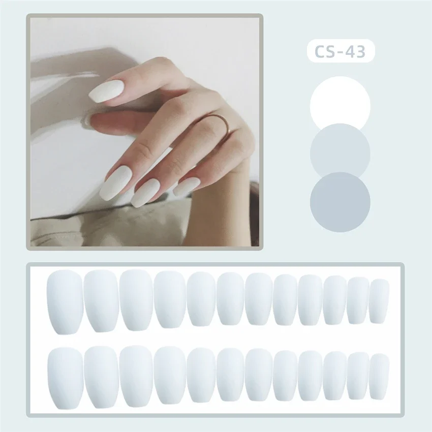 

24Ps/Set Ballet White Frosted Eu Removable Wearing False Nails French Adhesive Full Cover Press on Nail Art Artificial Fake Nail