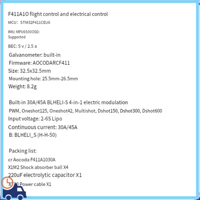 

Latest F411 AIO Flight Controller With MPU6500, 30A/45A BLHELI_S BLS ESC, 2-6S For 25.5-26.5MM FPV Racing Drones B