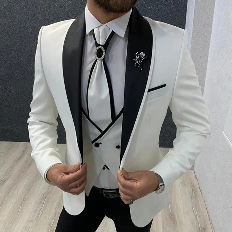 White Slim fit Wedding Tuxedo for Groomsmen 3 piece Men Suits with Black Pants Man Fashion Set Jacket Waistcoat Boyfriend Suit