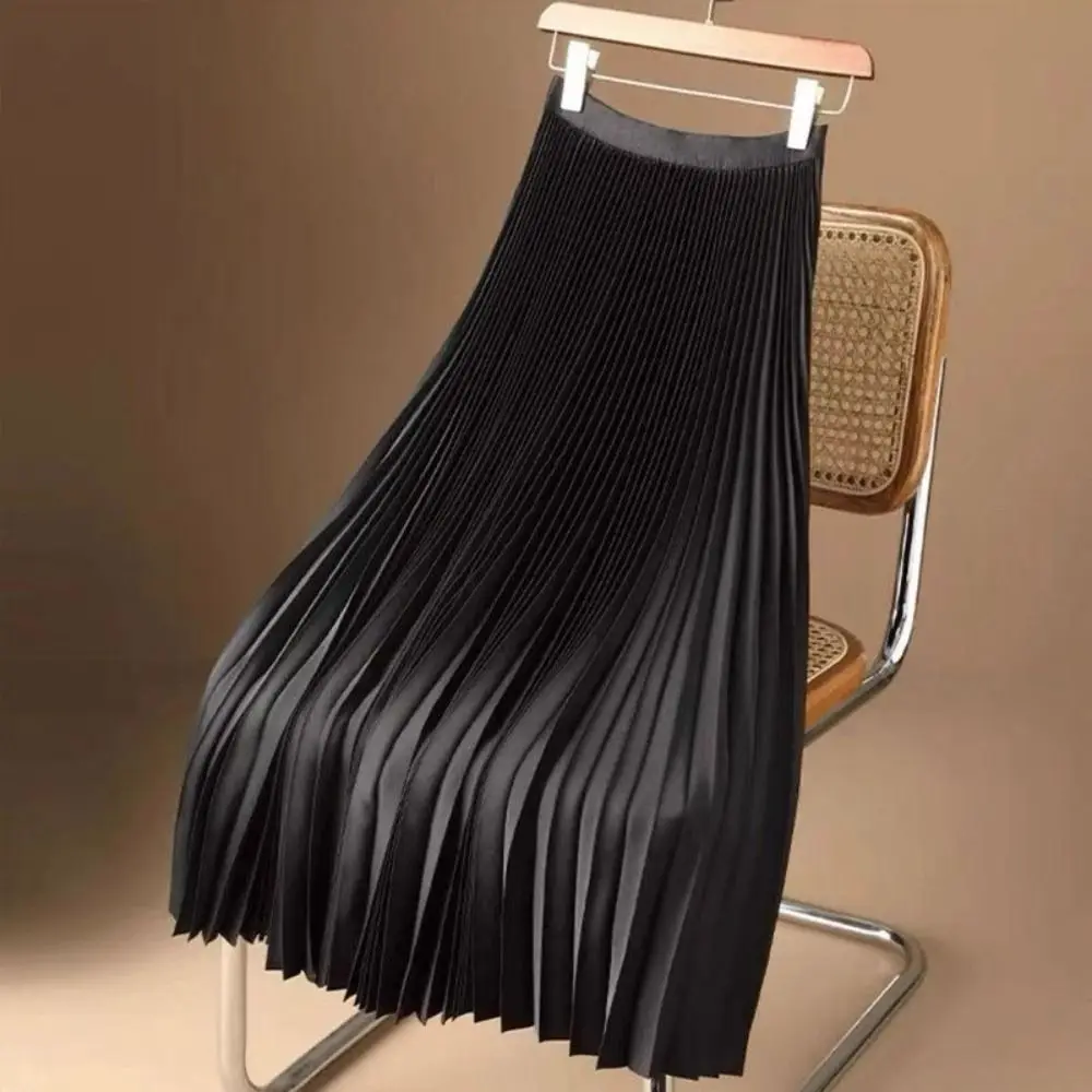 Casual Vintage Pleated A-Line Skirt Solid Color Elastic Waistband Satin Long Skirt Smooth Satin High Waist Skirt