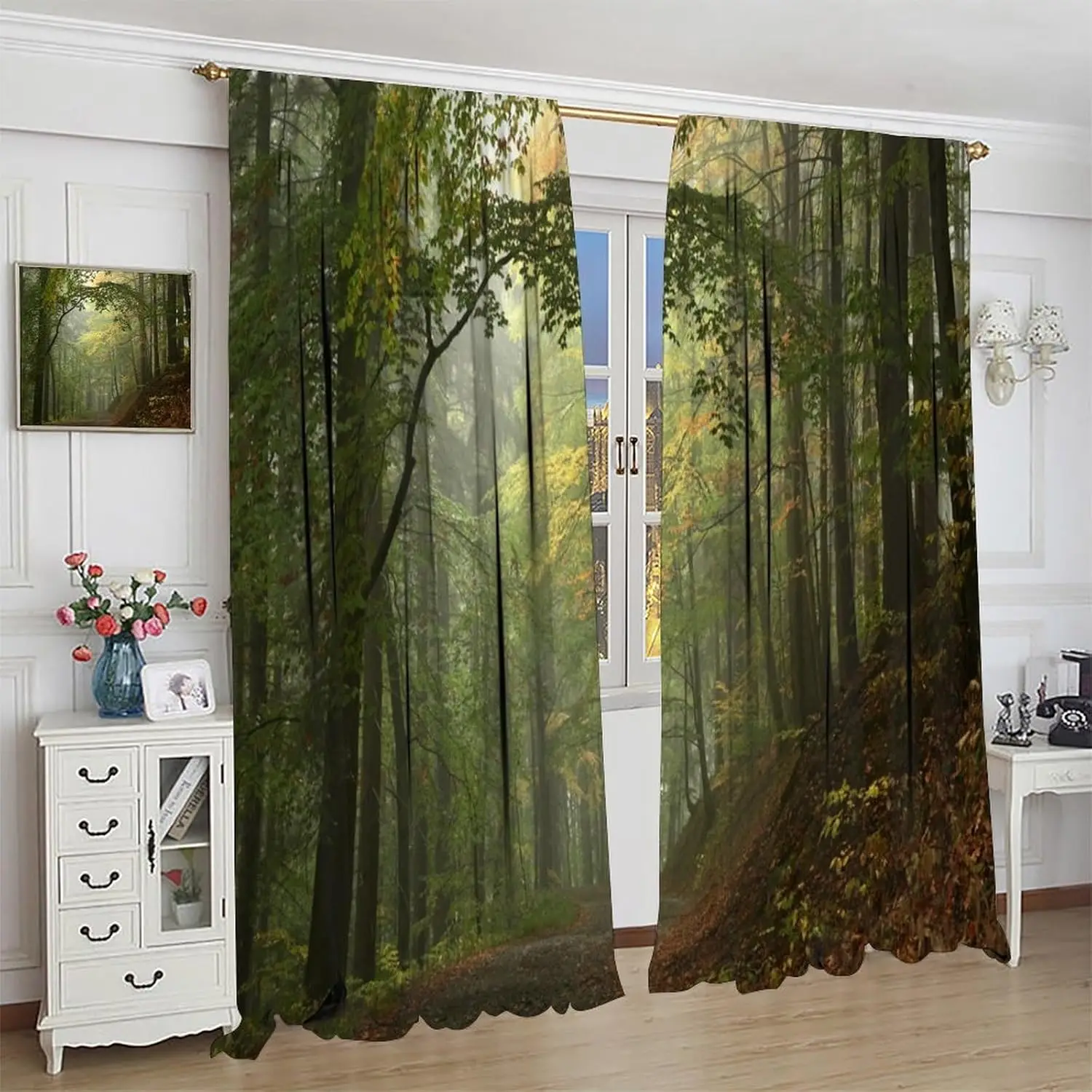 Cortinas de bosque de montaña, niebla, mañana, paisaje natural, árboles, camino de bosque, tratamientos de ventana para dormitorio, sala de estar y oficina