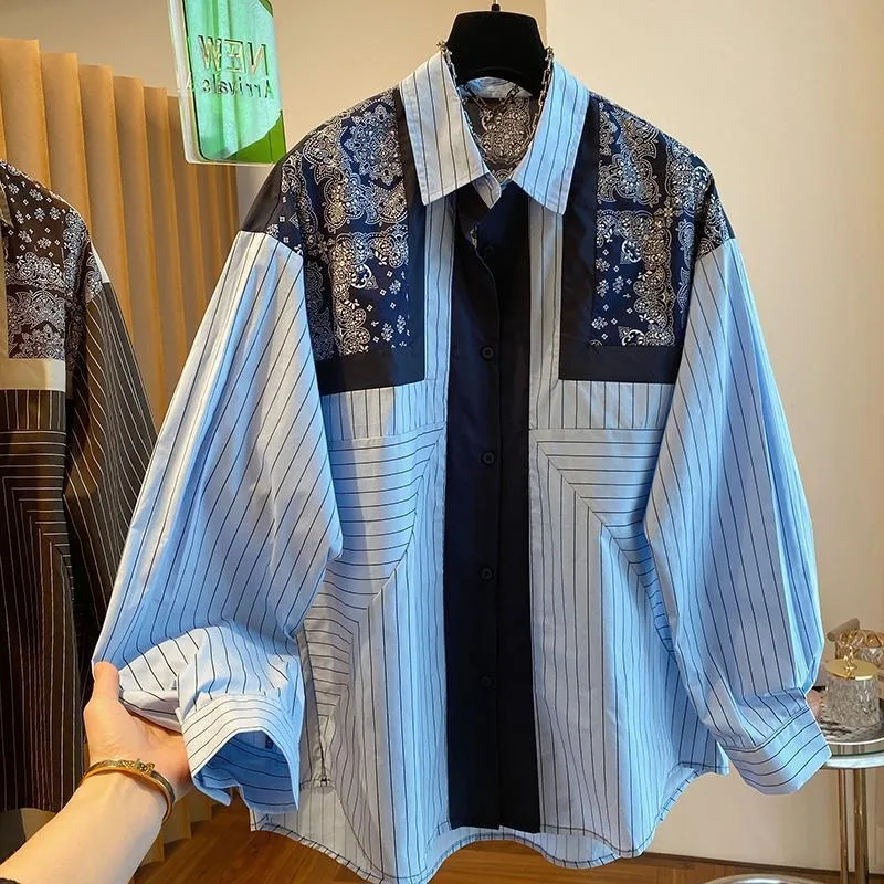 

Large Size 300 Pounds High-grade Sense of Loose Casual Retro National Style Print Splicing Blue Striped Long-sleeved Shirt Woman