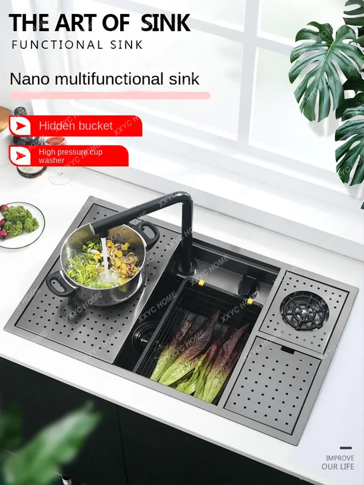 kitchen Sink 304 Stainless Steel Dishwasher Cup-washer Manual Sink Single Bowl Vegetable Washing Basin With Trash Can