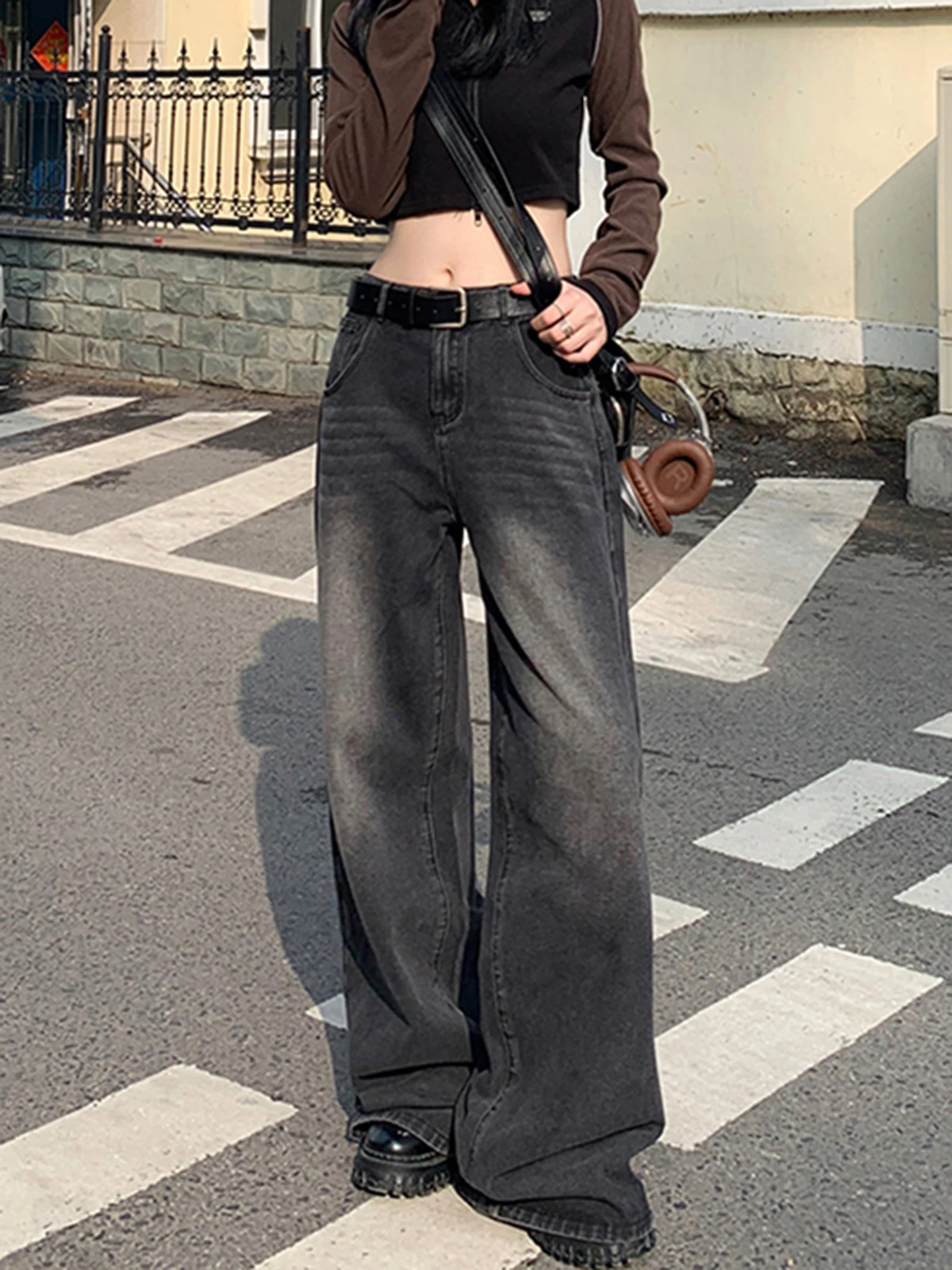 Imagem -02 - Calça Jeans Lavada de Cintura Alta Feminina Calça Larga Larga Larga Preta e Cinza Rua Y2k Harajuku Primavera Outono Nova 2024