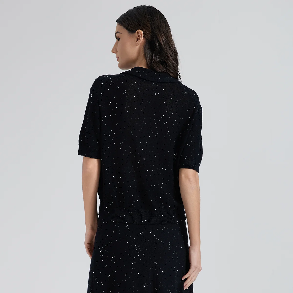 BC1138 Luksusowy damski sweter polo z cekinami, dzianinowy, 30% jedwab morwowy, 40% len, pulower, dzianinowy top