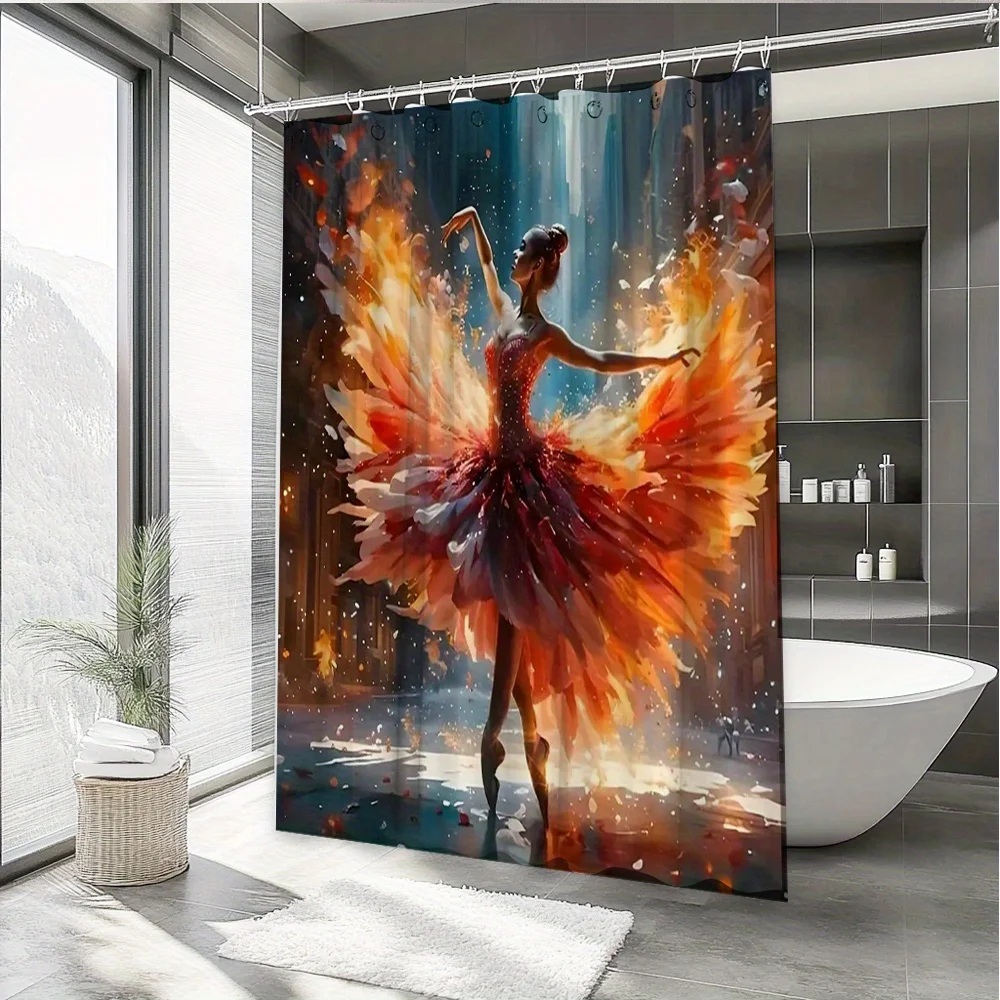 

3D Printed Ballet Dancer Shower Curtain - Waterproof, Mildew-Resistant with Modern Cityscape Design for Bathroom Decor