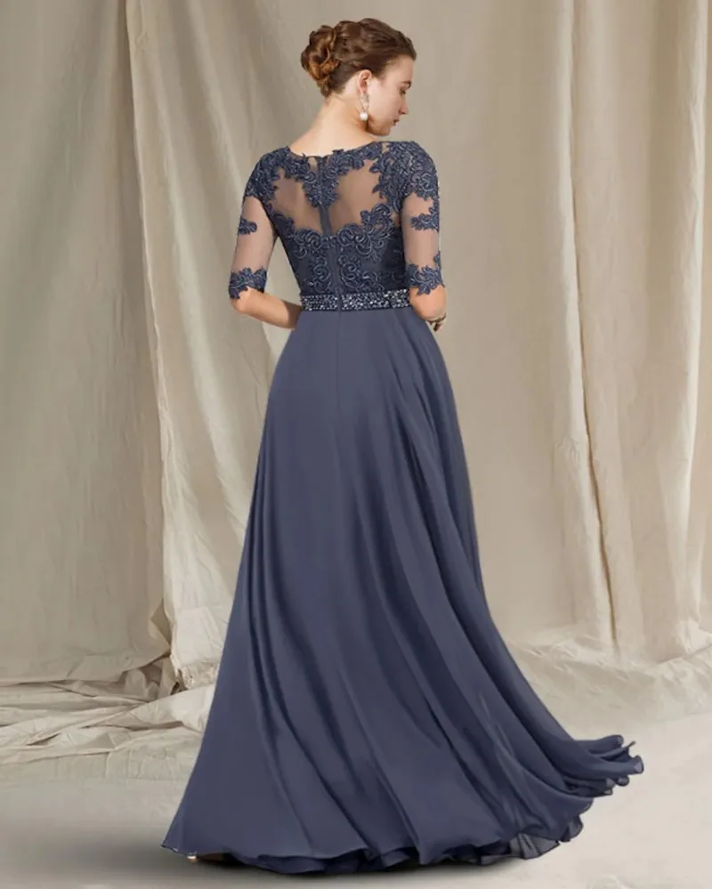 Grau Halb Hülse Mutter der Braut Kleid Plus Größe Vintage Jewel Lange Chiffon Spitze Perlen Bräutigam Party Kleid Vestidos de Noiva