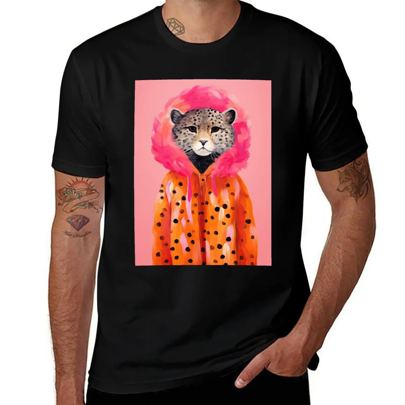 

Watercolor Leopard in Orange Fur Coat Funky Animal Fashion Art Print T-Shirt Street Style Casual Tee Shirt