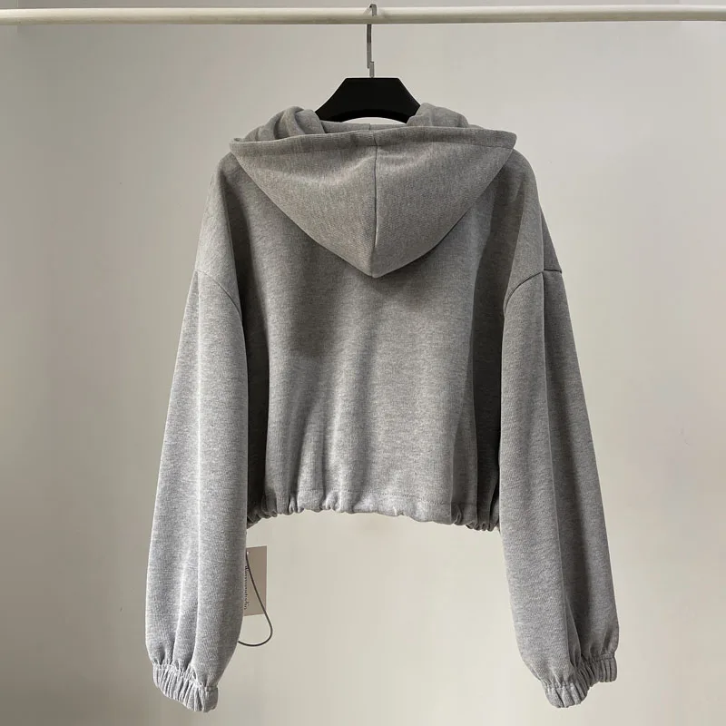 [YOZOU] Vintage Gray Black Solid Oversized Cropped Short Zip Hoodie Sweatshirt Women Top Coat Jacket Streetwear Clean Fit Korean