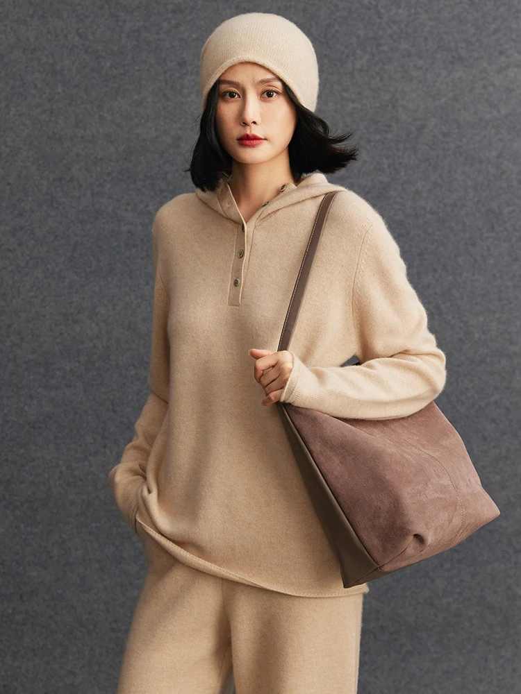 Tloml novo feminino 100% caxemira malha com capuz pulôver camisola casual estilo solto malhas de caxemira outono inverno macio quente topos