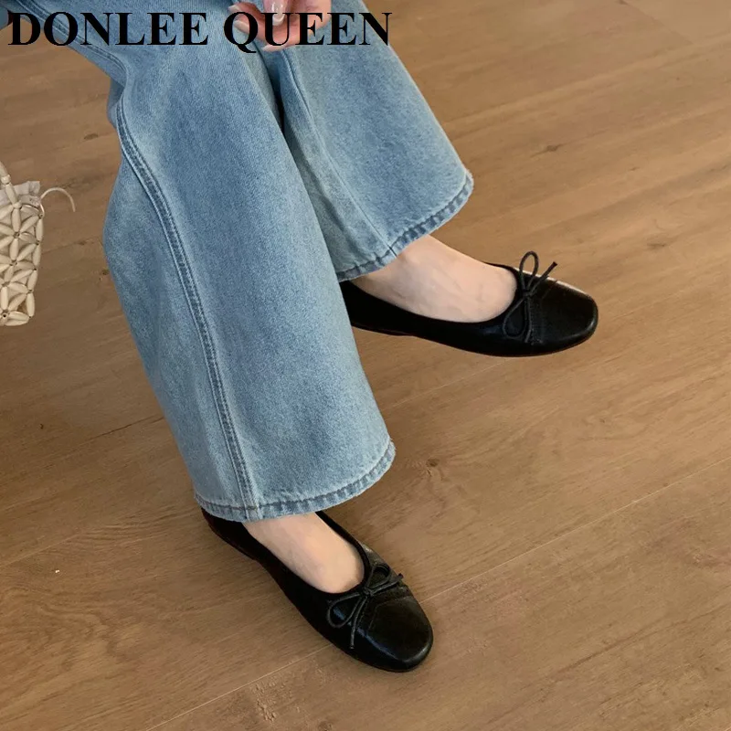Classic Female Flats Ballerina Shoes Women Fashion Brand Round Toe Ballet Bow Knot Shallow Moccasin Slip On Loafer Big size Muje
