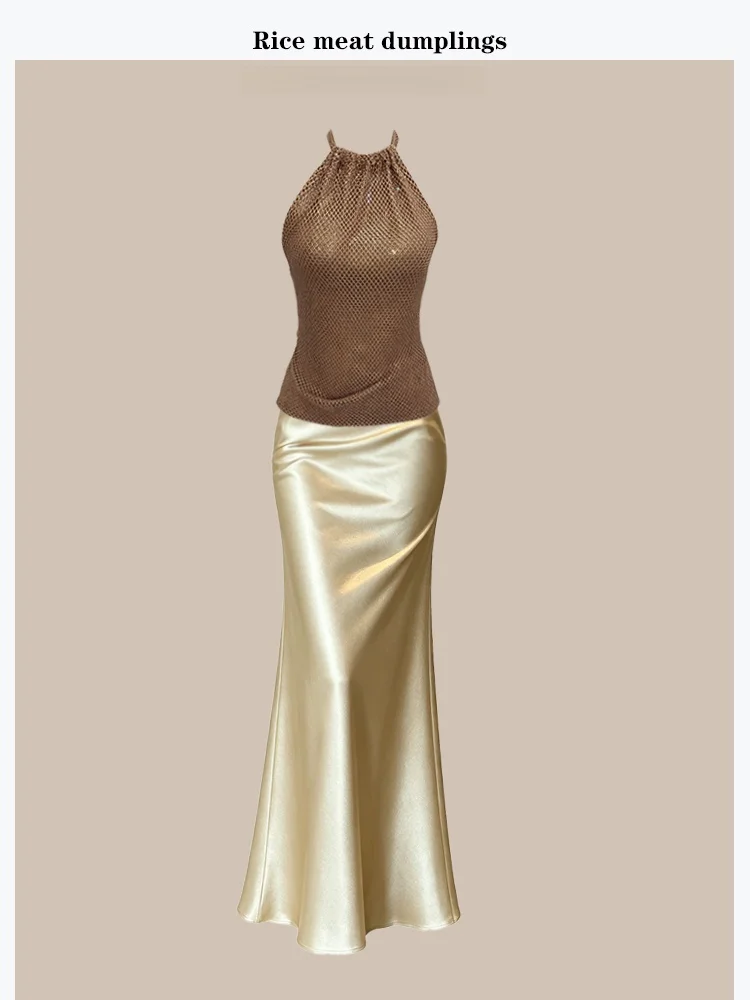 

Gold Mesh Strap Vest Low Waist Slim Fit Dinner Dress Summer Fashion Set Women's Sleeveless Top And Skirt Two-Piece Ensemble