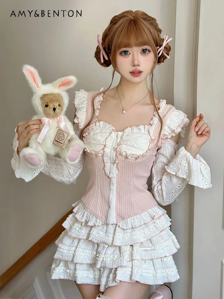 Sweet Ballet Style Cute Princess Skirt Sets Kawaii Ruffled Patchwork Long Sleeve Shirt High Waist Bubble Skirt Two-Piece Set