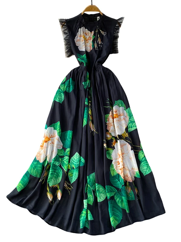 Vestido de Verano con Cuello Redondo y Estampado para Mujer, Manga con Volantes, Cintura Alta, Falda en Línea A, Estilo Corea...