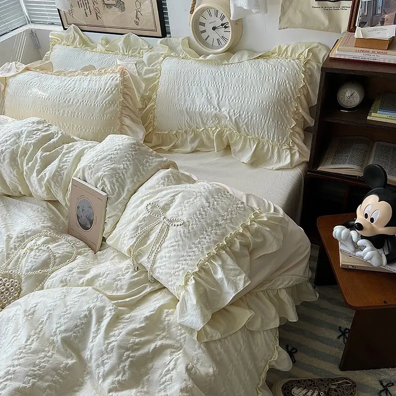 Comforter Sets Princess Style Korean Ins Solid Color Bed Sheet Washed With Cotton Edge And Soaked With Gauze Bed Linen