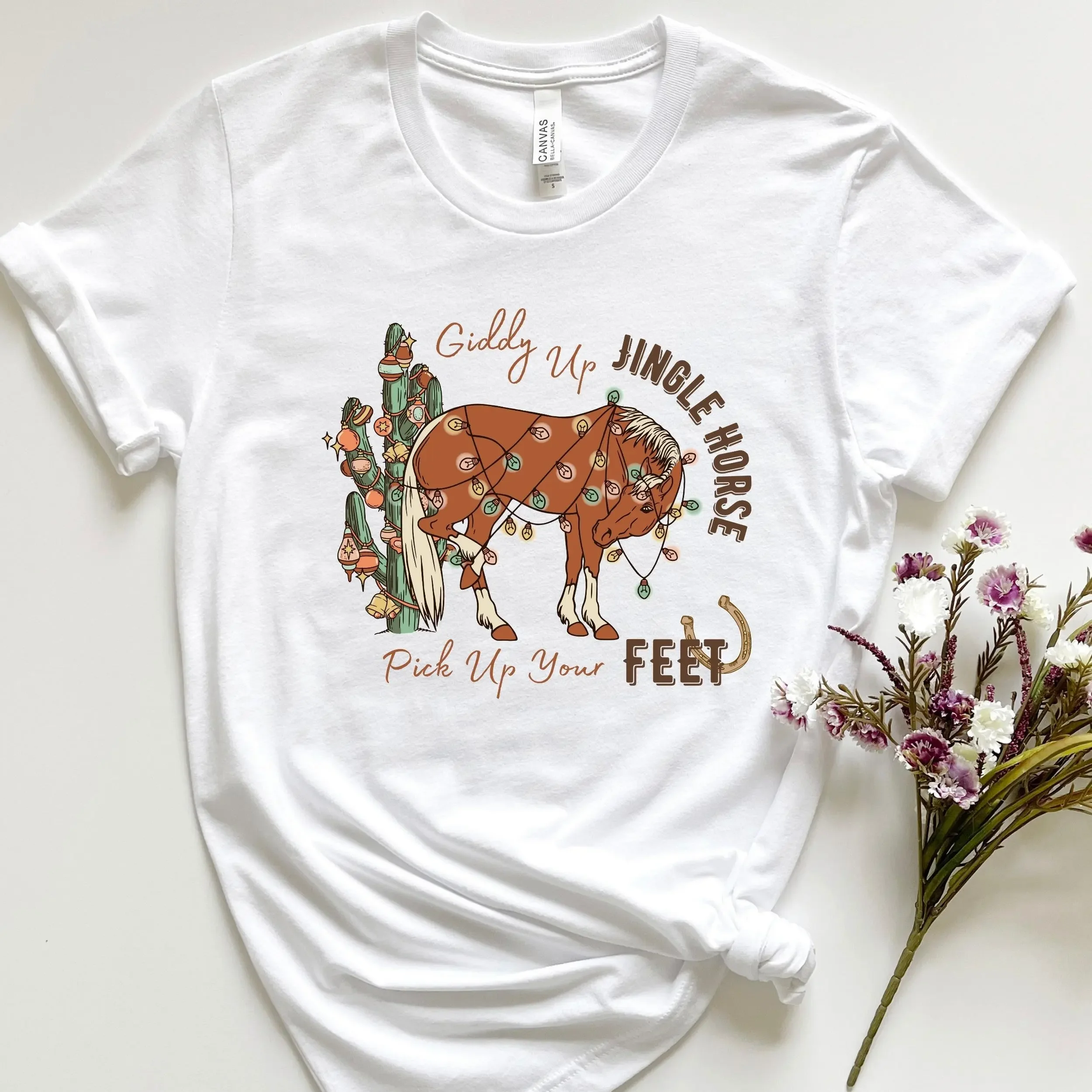Christmas Cowboy T Shirt Giddy Up Jingle Horse Cowgirl Pick Your Feet Howdy Country Holiday Women
