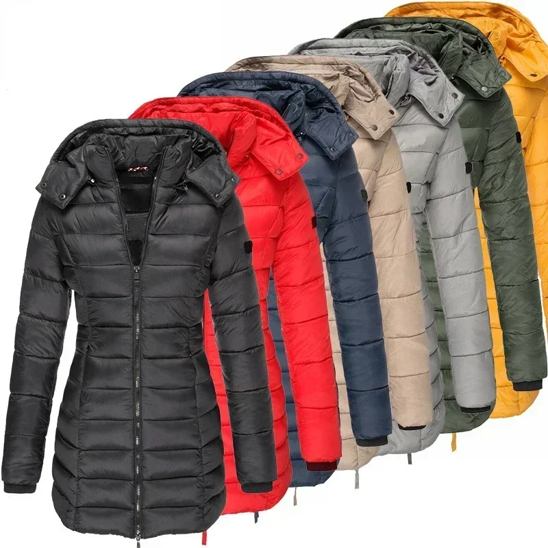 

Winter Women's Cotton Jacket Medium Length Slim Fitting Cotton Jacket Warm Solid Hooded Cotton Jacket