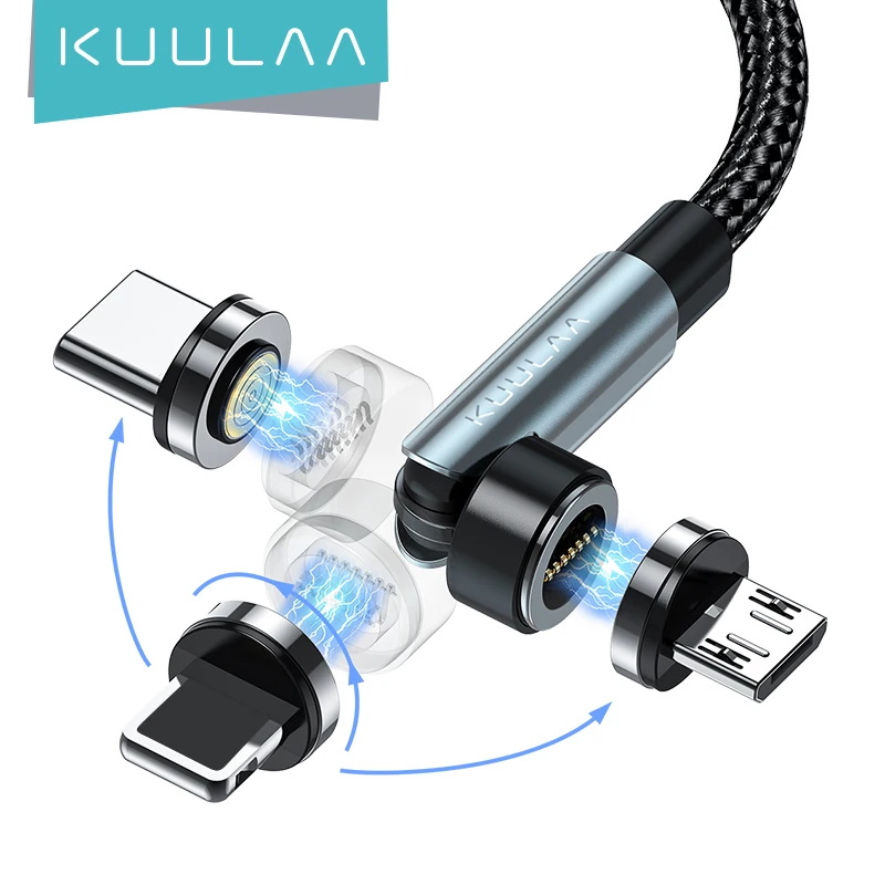 KUULAA 3 in 1 Magnetic Cable 540° Rotate Fast Charging Magnet Charger Micro USB Type C Cable Mobile Phone Cord For iPhone Xiaomi