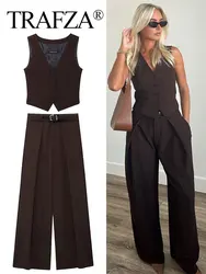 TRAFZA 2024 Female Solid Trouser Set V-Neck Single Breasted Vest Top + High Waist Pocket Commute Office Woman Wide Leg Long Pant