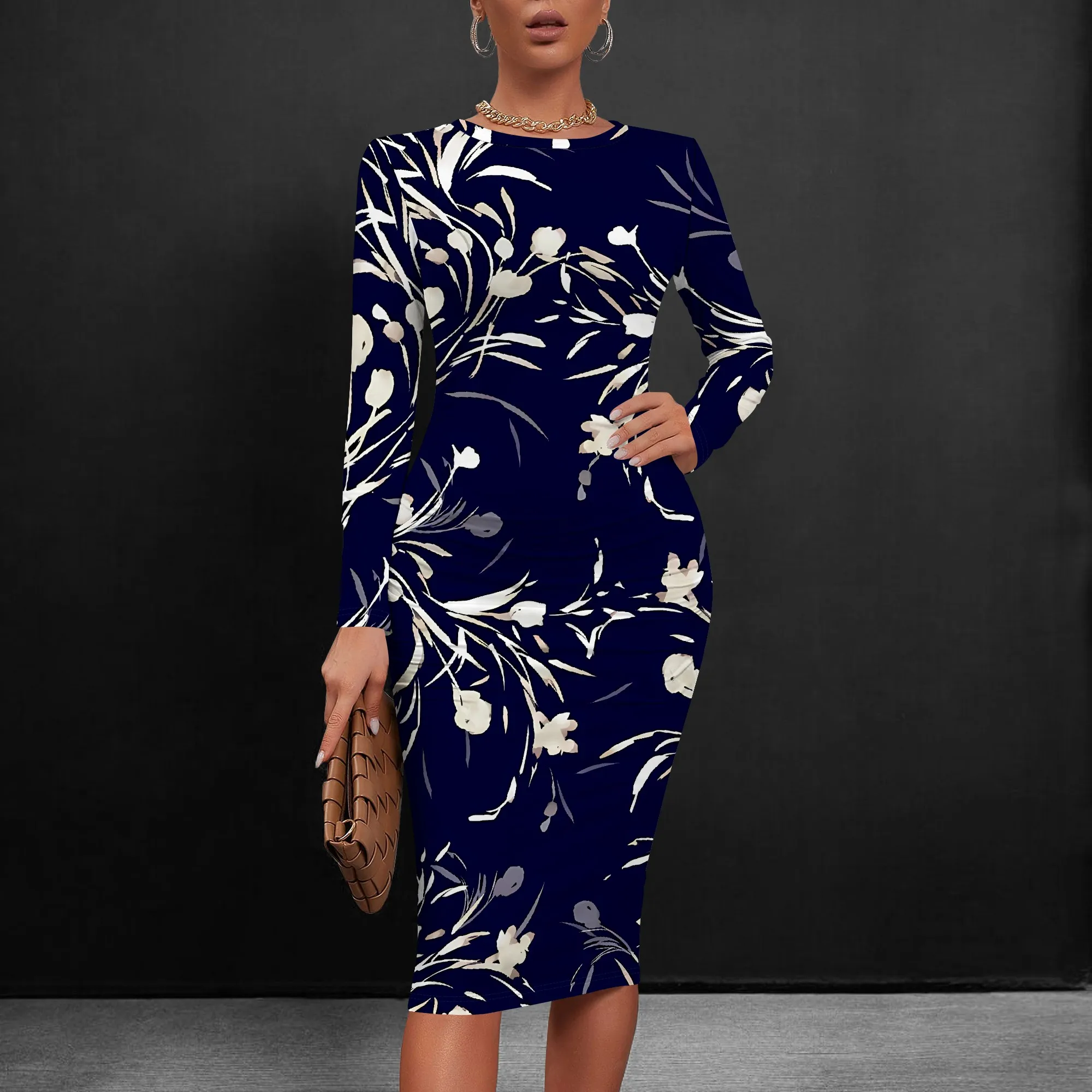 

Nupusa Navy White Floral Print Dress for Women Regular Size Casual Round Neck Long Sleeve Bodycon Midi Dress