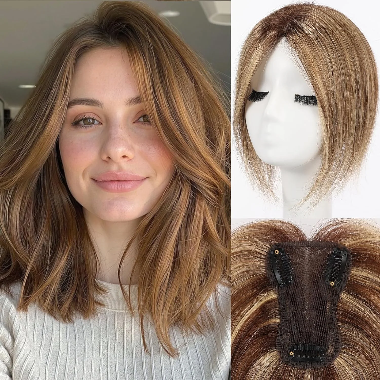 

Накладка для волос из натуральных человеческих волос Реми для женщин, коричневая с блонд-оттенками, прямая, 10 дюймов, на заколках