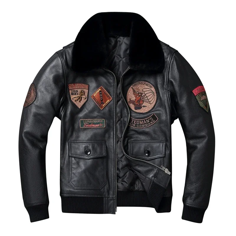 

Genuine Cowhide JacketS Men Leather Jacket Thick Warm 8 Patches Flight Suit Removable Fur Collar Air Force Pilot Coat Winter