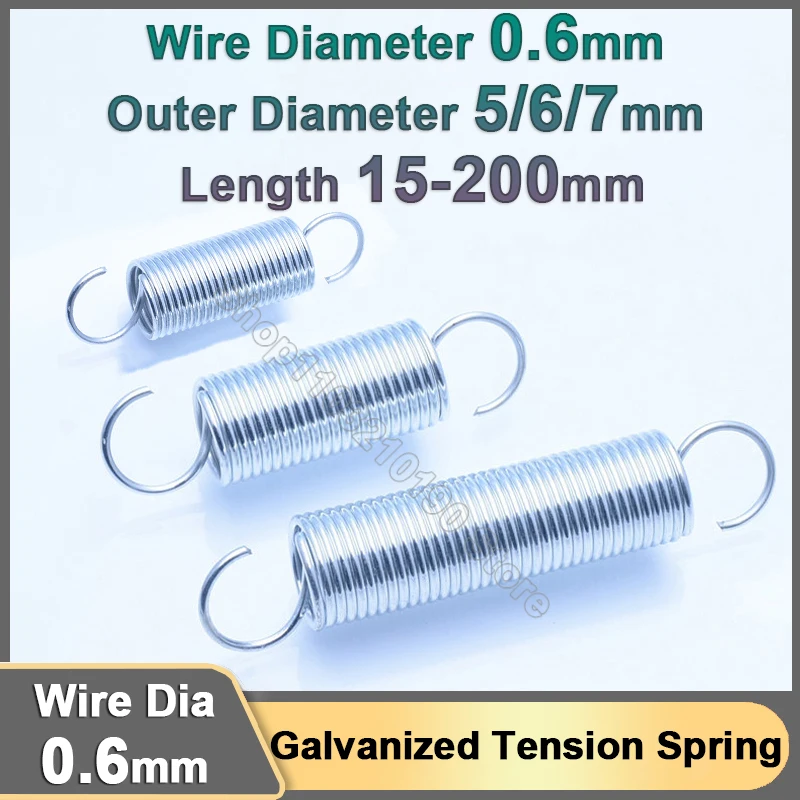 0.6mm Galvanized Extension Spring Open S Hook Tension Spring Pullback Spring Zinc Plated Expanding Stretching Spring OD 5/6/7mm