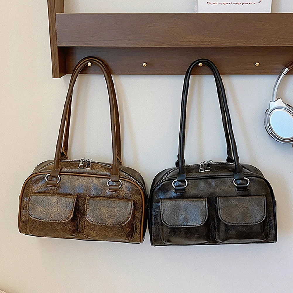 

Women Fashion Armpit Bag Double Pocket PU Vintage Shoulder Bag Solid Color Simple Commuting Bag Large Capacity Retro Handbag