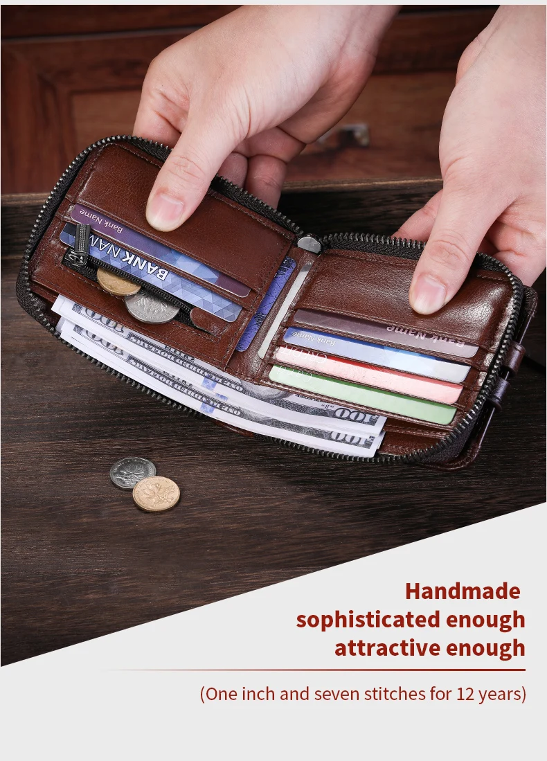 Bull captain Echt leder Herren Bifold Brieftasche mit Reiß verschluss sicher speichern Sie Ihr Bargeld und Karten RFID Blocking Karten halter – Detail 12