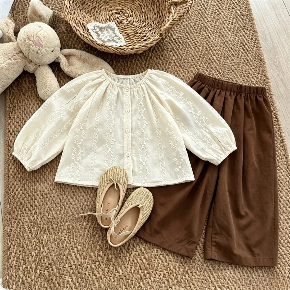 Spring Autumn New Girl Outfits Long Sleeved Printed Children's Casual Clothing Single Breasted Shirt Top+Brown Wide Leg Pants