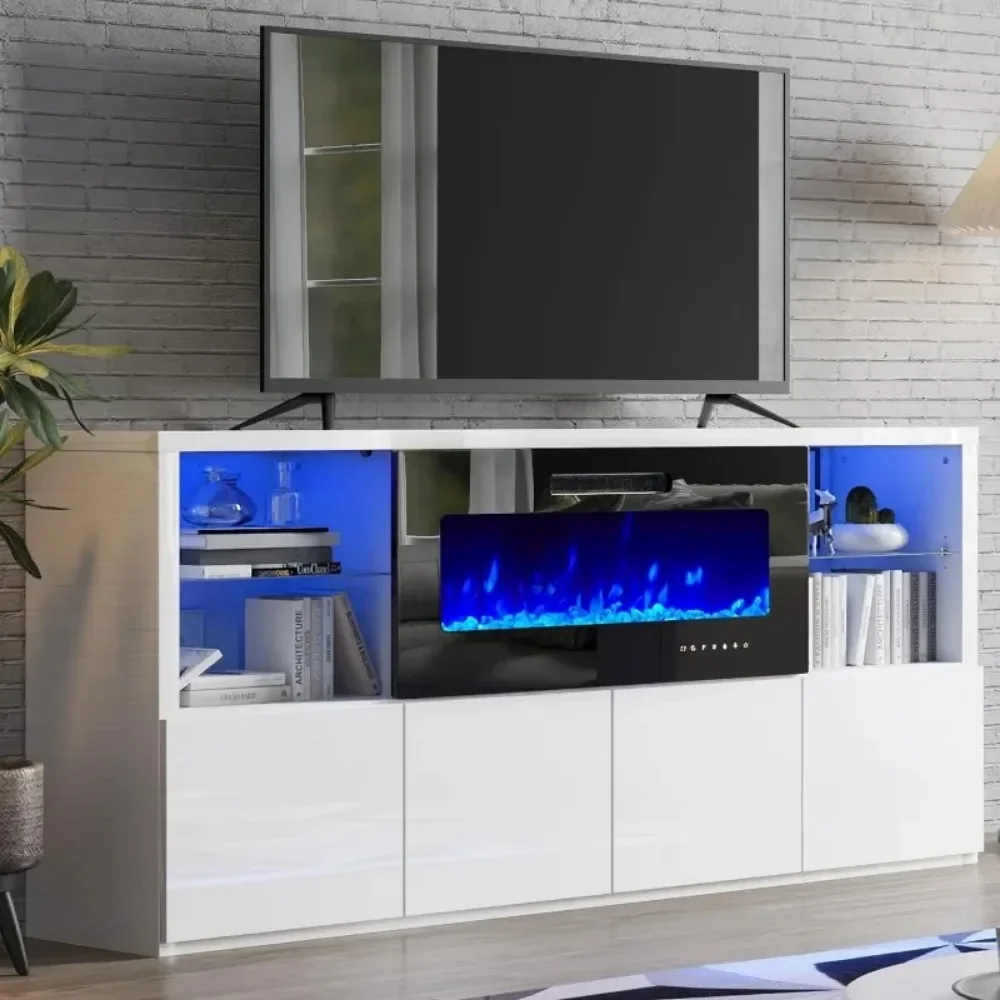 High Gloss Lareira TV Stand, lareira e luzes LED, grande centro de entretenimento para TVs de até 78 polegadas, 68 polegadas
