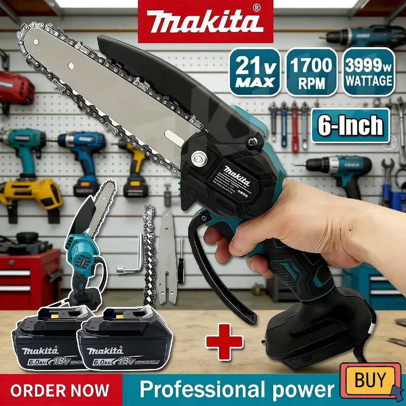 

Аккумуляторная цепная пила Makita 6 дюймов, 18 В, портативная ручная садовая пила для обрезки, инструмент для резки дерева и распиловки бревен, совместимый с электроинструментами