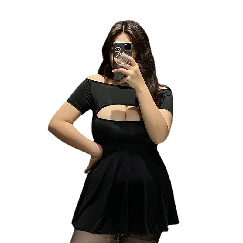 

Plus Size Women A-Line Pleated Dress Ice Silk Open Chest Lingerie Short Sleeve See Through Nightgown Nightblub Secretary Cosplay