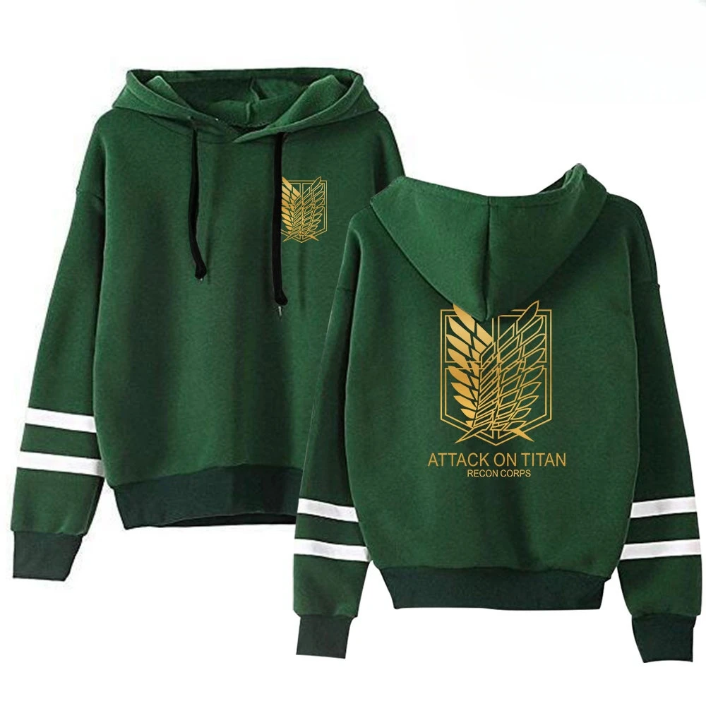 1pc Green / Black Eren Mikasa Wings of Liberty Hoodie Long Sleeve Striped Hooded Sweatshirt Pullover Anime Cosplay Costume