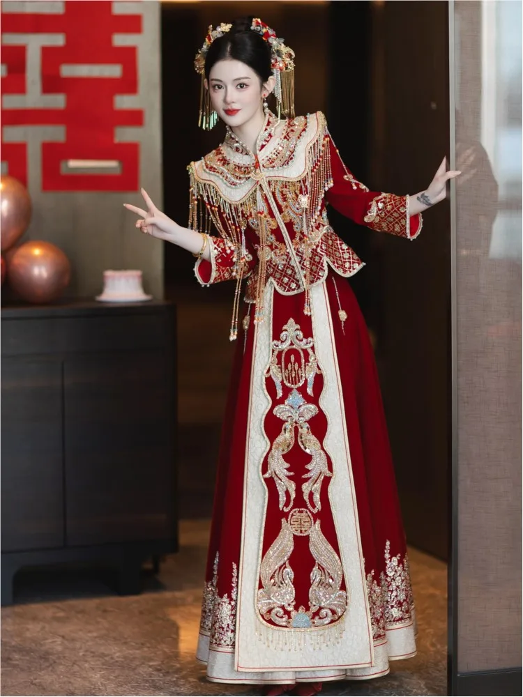 

Velvet heavy industry dress new bride's wedding Chinese-style toasting and