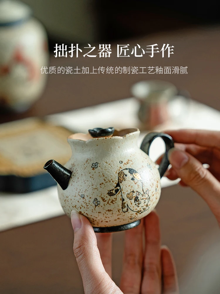 Blue and White Fire Stone Red Pure Hand Drawing Cat Ceramic Little Teapot Tea Making Device Filter High-End Entry Kung Fu Set