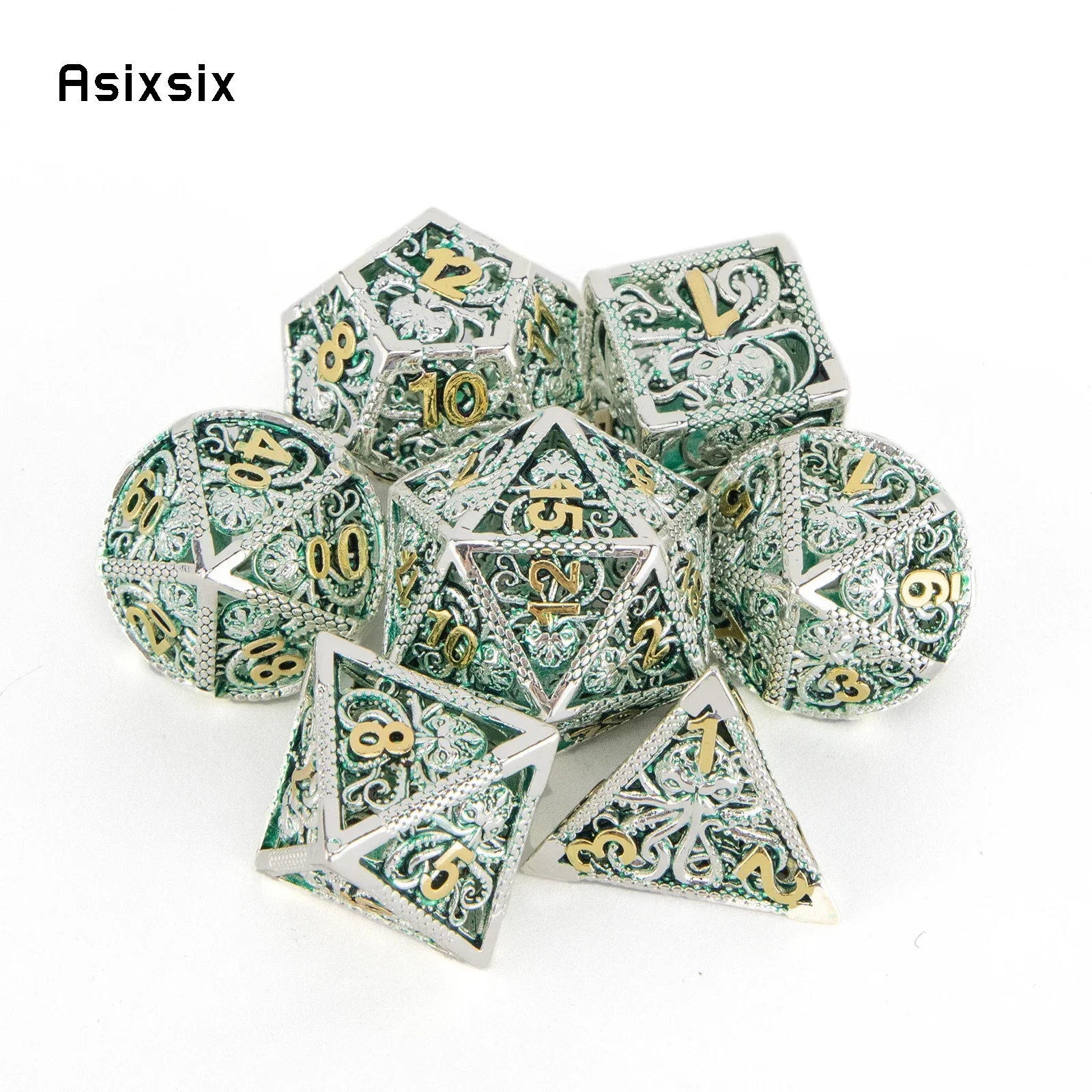 

7 Pcs Silver Green Squid Metal Dice Hollow Metal Polyhedral Dice Set Suitable for Role-Playing RPG Board Game Gift