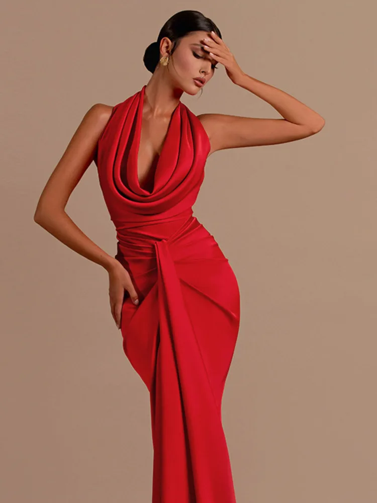 Sukienka satynowa z odkrytymi plecami i halterem w stylu Articat, damska, nowa, długa, elegancka, bez rękawów, obcisła, na imprezę, do klubu, wieczorowa, damska, Vestido