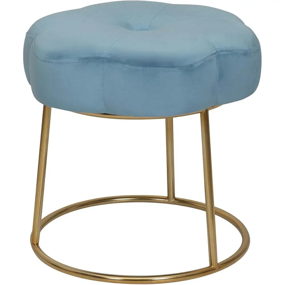 Gold Steel Base Upholstered Flower Shape Vanity Stool in Blue Velvet