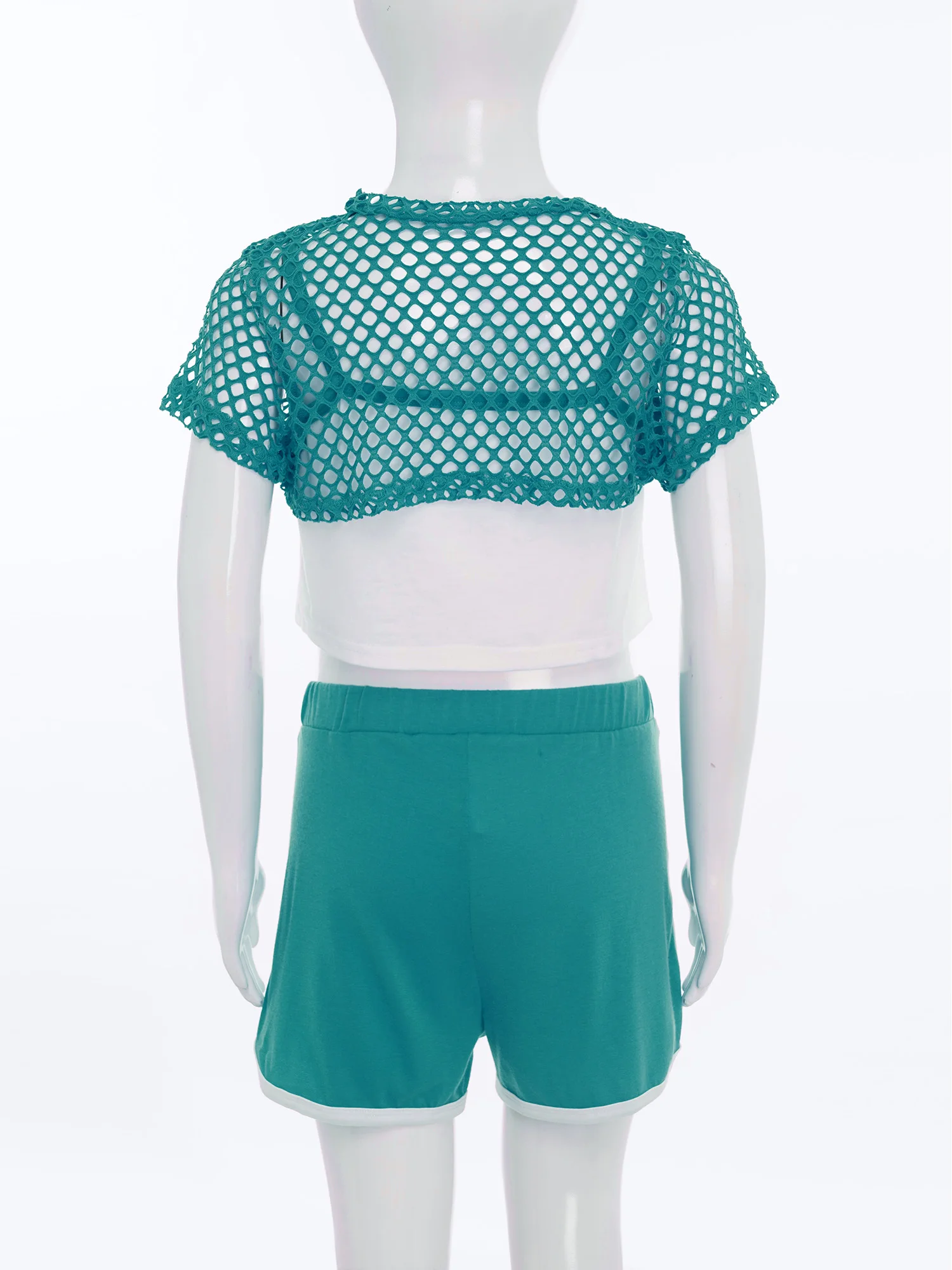 Costume da ballo di strada hip-hop per bambina, 3 pezzi, casual, manica corta, scava fuori, top corto in rete, camicia + canotta, gilet + pantaloncini